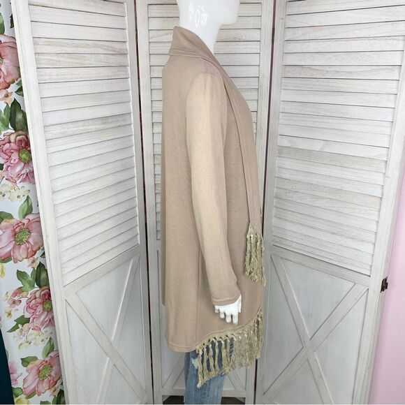 Boho Fringe Hem Waterfall Cardigan Knit Khaki Tan Small Open Front Long Sleeve - Picture 3 of 10